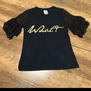 Black T-Shirt with Gold 'What?' Print